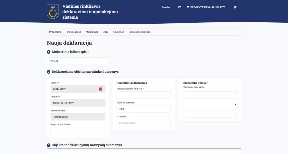 Vietinės rinkliavos deklaravimo ir apmokėjimo sistema Palangoje